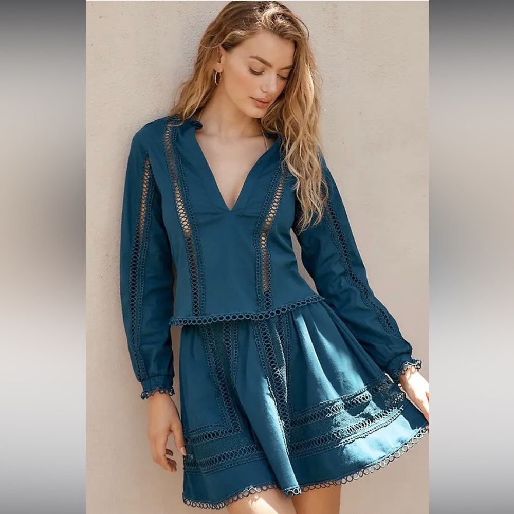 Anthropologie x Peixoto Talia Cotton Blend Teal V-Neck Lace-Trim Blouse $138 USD